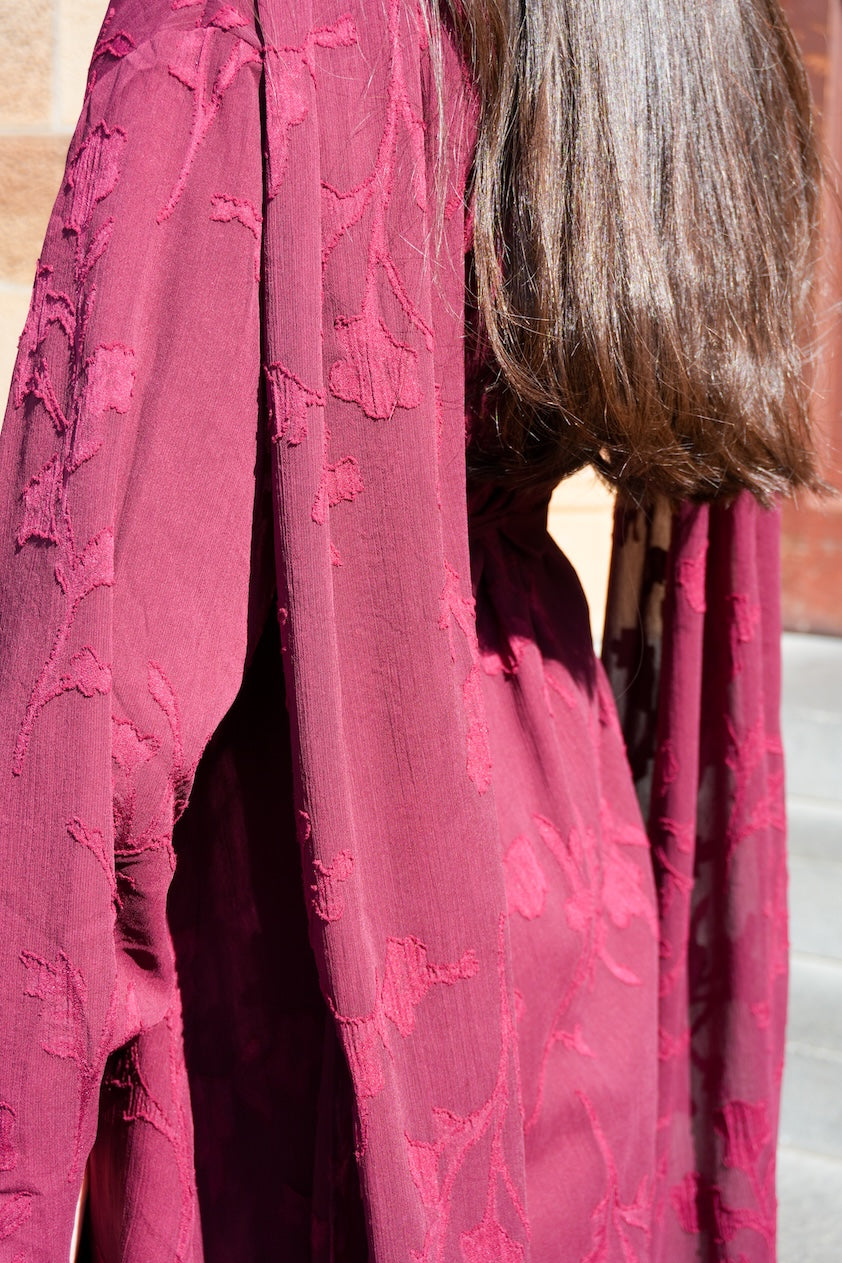 Embroidered Drape Abaya - Burgundy