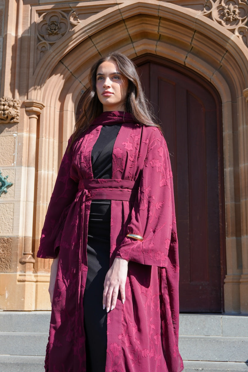 Embroidered Drape Abaya - Burgundy