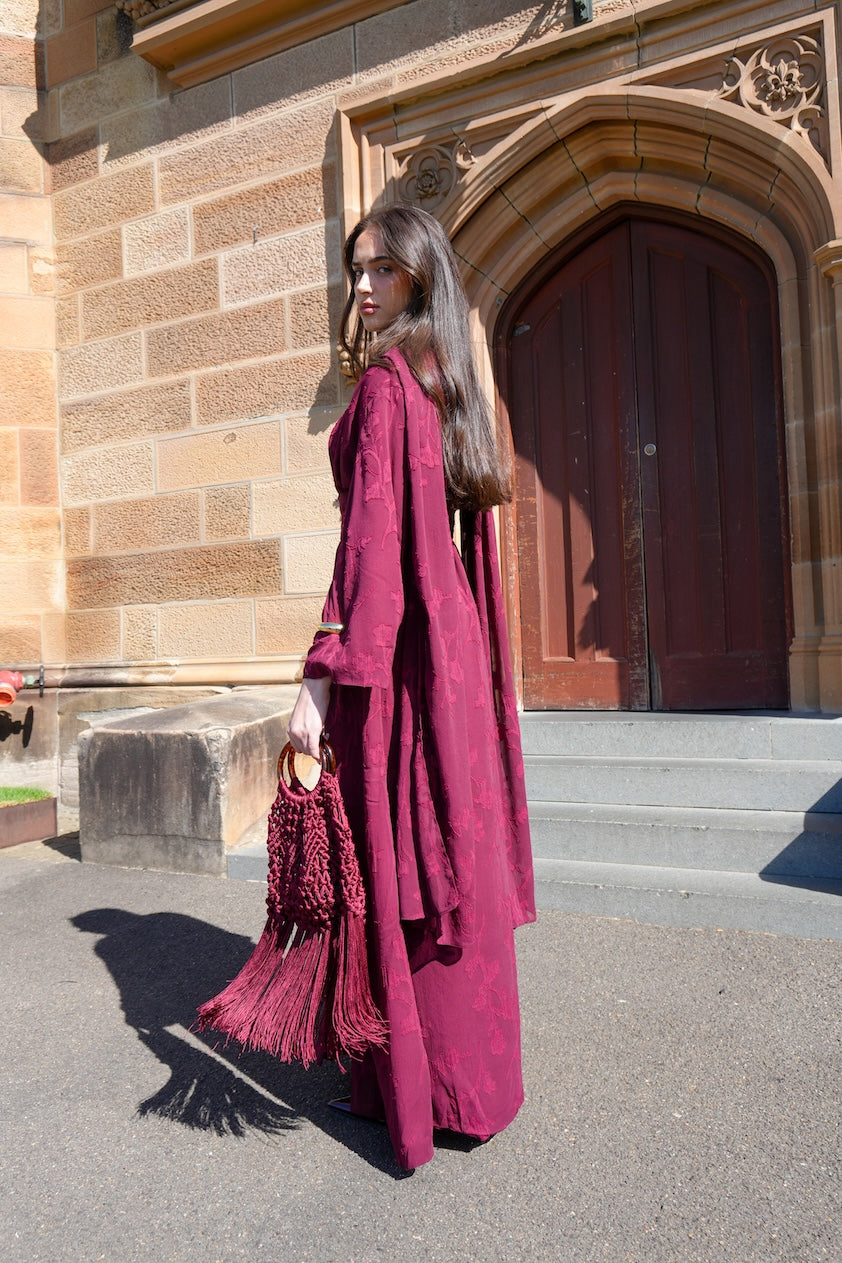 Embroidered Drape Abaya - Burgundy