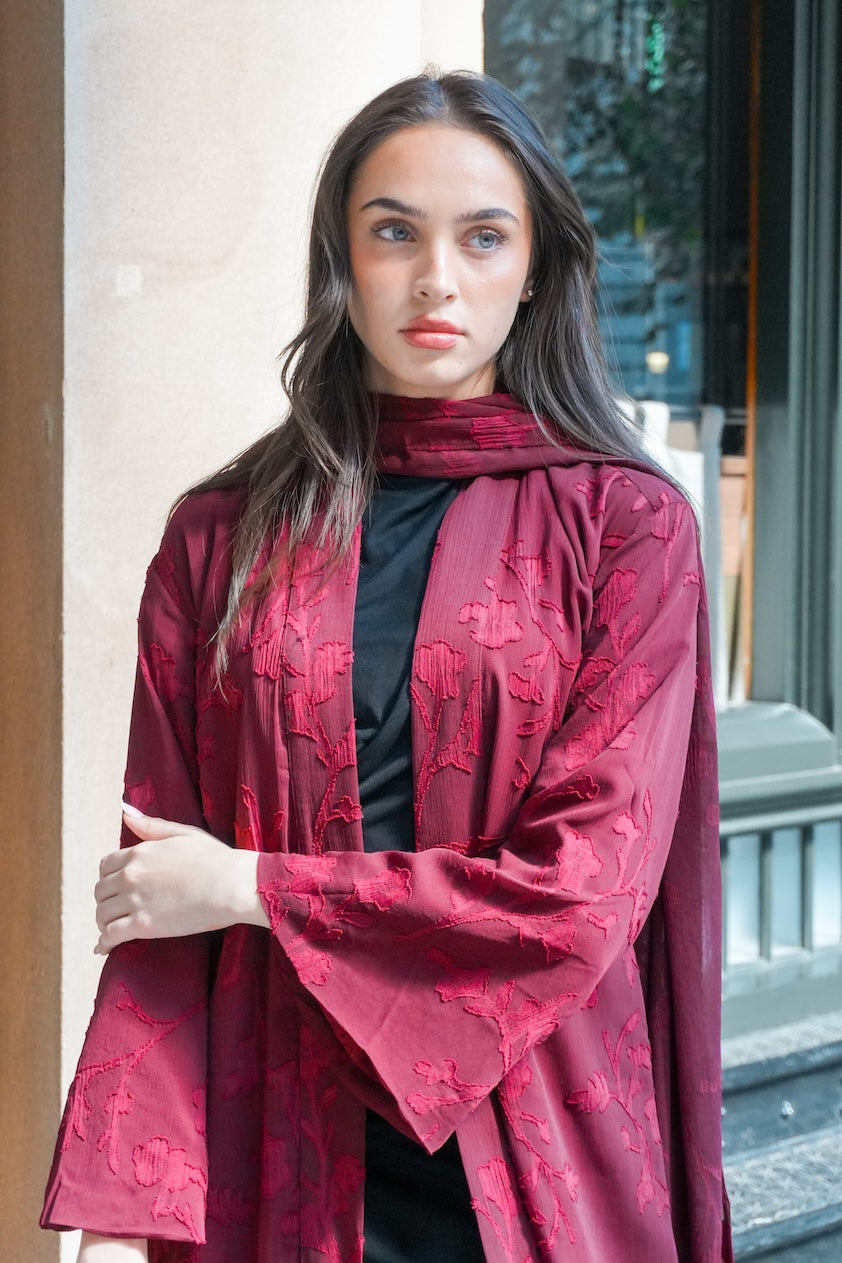 Embroidered Drape Abaya - Burgundy