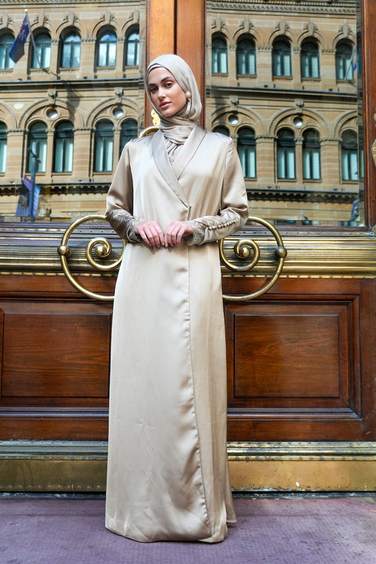 Luxe Lace Abaya - Soft Taupe