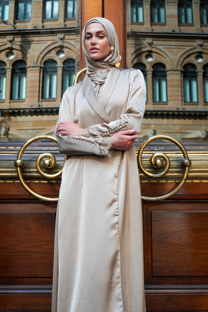 Luxe Lace Abaya - Soft Taupe